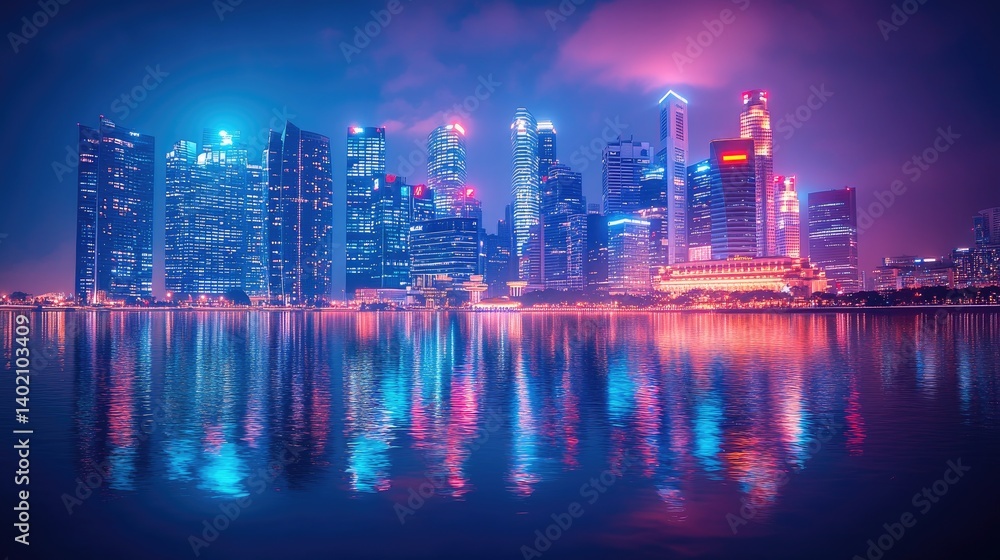 Fototapeta premium Vibrant cityscape at night, reflected in calm waters. Modern skyscrapers illuminated in hues of pink and blue, showcasing urban lights reflecting on the still water