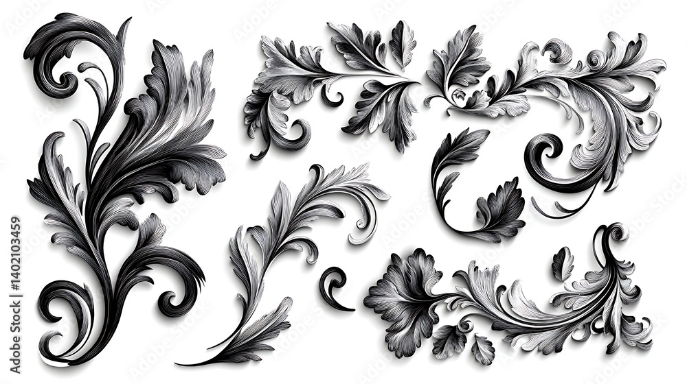 Fototapeta premium Intricate Black and White Floral Designs, Black and white ornate floral designs with intricate details and swirling patterns