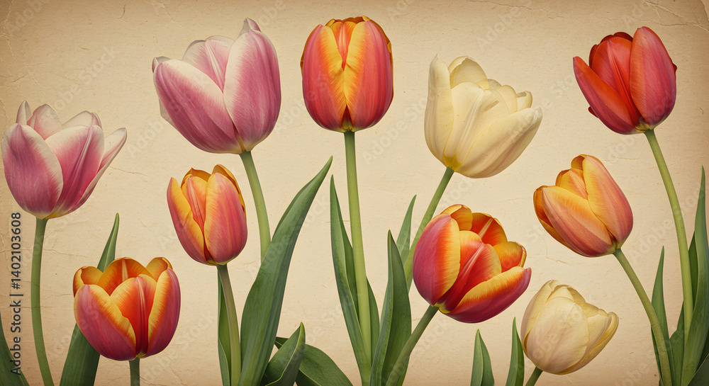 Fototapeta premium Vintage Tulip Garden Illustration with Aged Texture