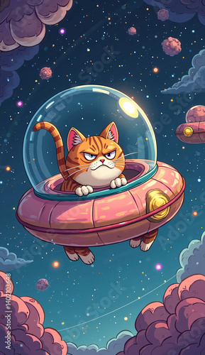 Grumpy Cartoon Cat Floating in Donut-Shaped Spaceship Through Space – Funny Cosmic Adventure with Stars and Galaxies, Mobile Wallpaper