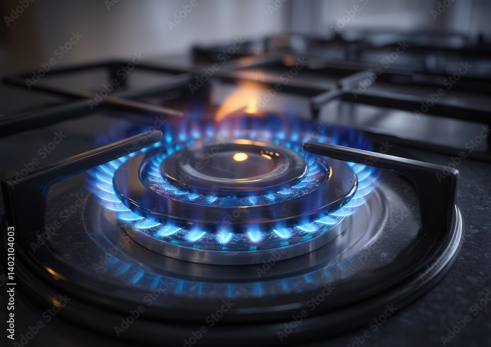 Close-up of a blue flame on a kitchen gas stove burner, casting a warm glow. Close-up of a blue flame on a kitchen gas stove burner, casting a warm glow.