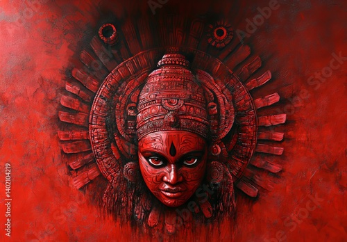artistic portrait of theyyam face painted in red