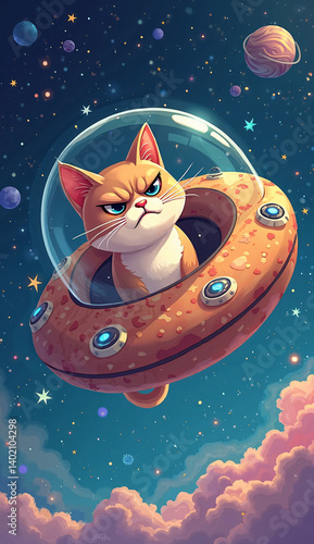 Grumpy Cartoon Cat Floating in Donut-Shaped Spaceship Through Space – Funny Cosmic Adventure with Stars and Galaxies, Mobile Wallpaper