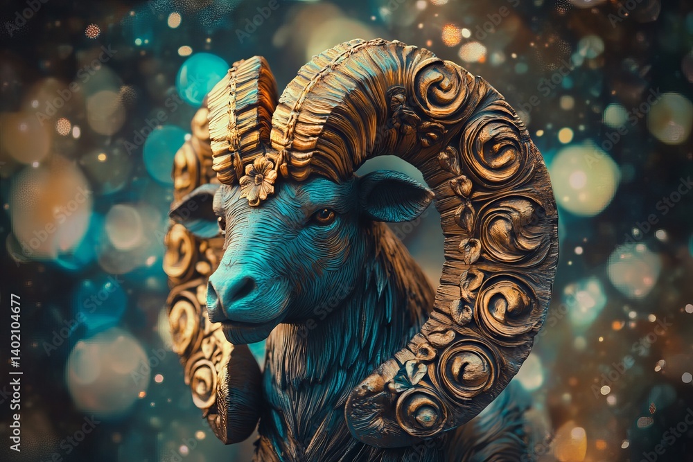 Majestic blue ram with golden horn frame and cosmic background Majestic blue ram with golden horn frame and cosmic background