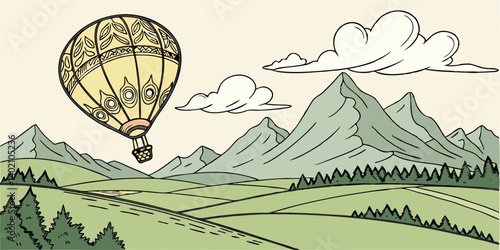 Balloon flies against the backdrop of a beautiful mountain landscape. Aerostat flies in the sky against the backdrop of high mountains and green fields. Hot air balloon vector illustration.
