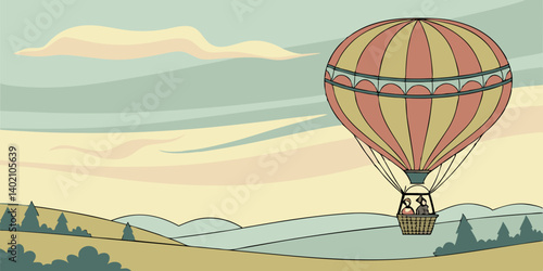 hot air balloon high up in the sky vector illustration in white clouds. 
