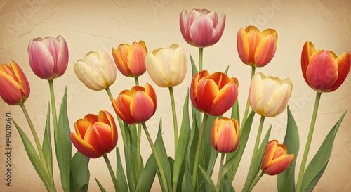 Vintage Tulip Garden Illustration with Aged Texture