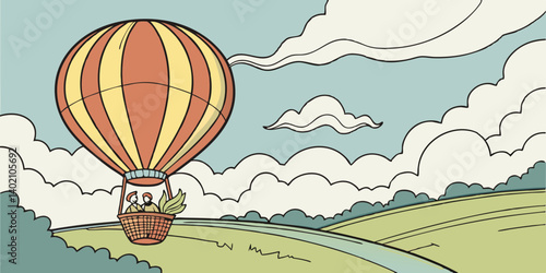 hot air balloon high up in the sky vector illustration in white clouds. 
