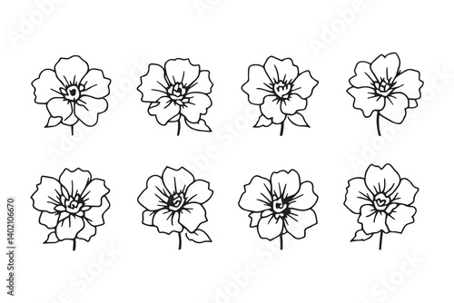Set of 6 pec in two row  Begonia black line art on white background