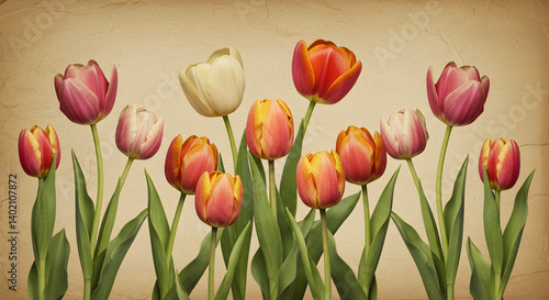 Vintage Tulip Garden Illustration with Aged Texture