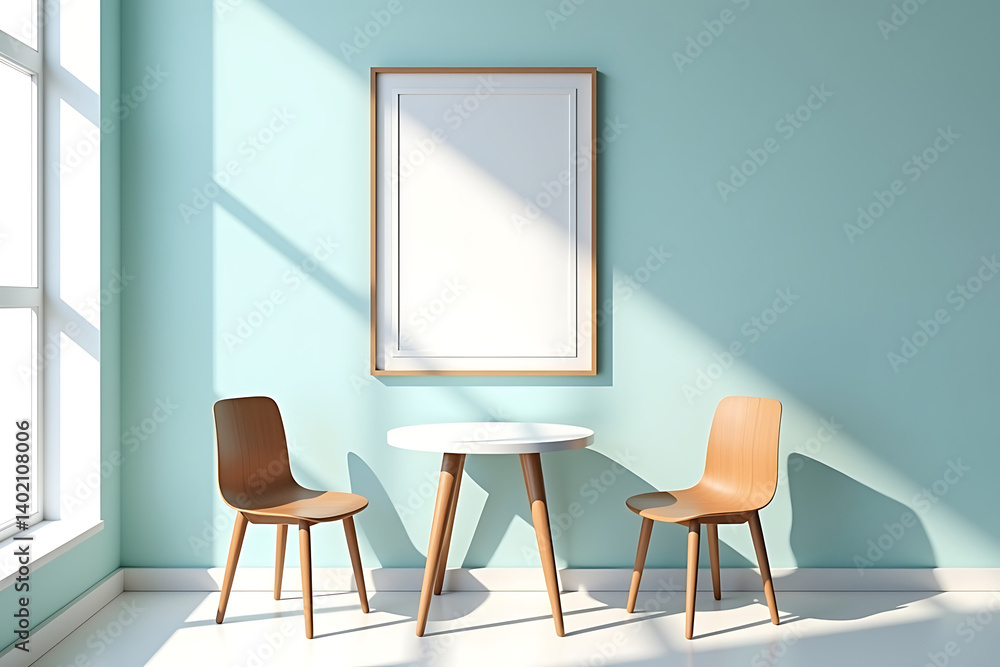 Minimalist Art Café Mockup with Blank Frame and Wooden Chairs Minimalist Art Café Mockup with Blank Frame and Wooden Chairs