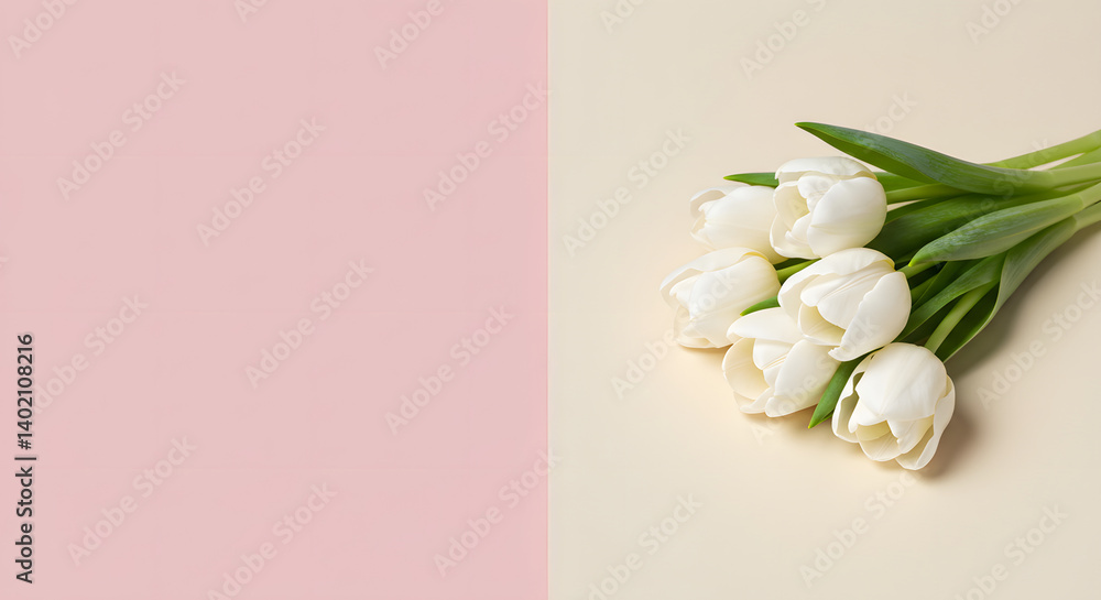 Fototapeta premium Minimalist White Tulips on Pastel Background for Spring Design