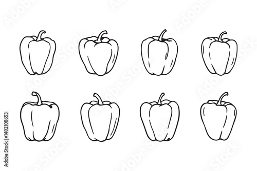 Set of 6 pec in two row  Bell Pepper line art on white background