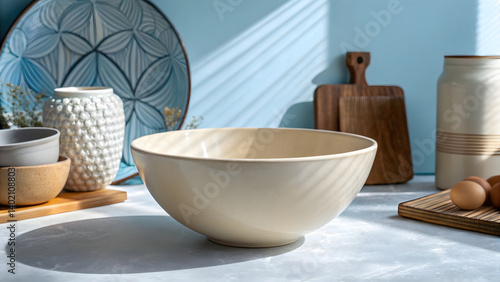 Wallpaper Mural beautifully crafted ceramic bowl sits elegantly in bright designer kitchen, surrounded by various kitchenware and natural light Torontodigital.ca
