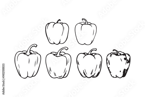 Set of 6 pec in two row  Bell Pepper line art on white background