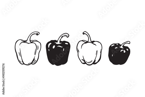 Set of 6 pec in two row  Bell Pepper line art on white background