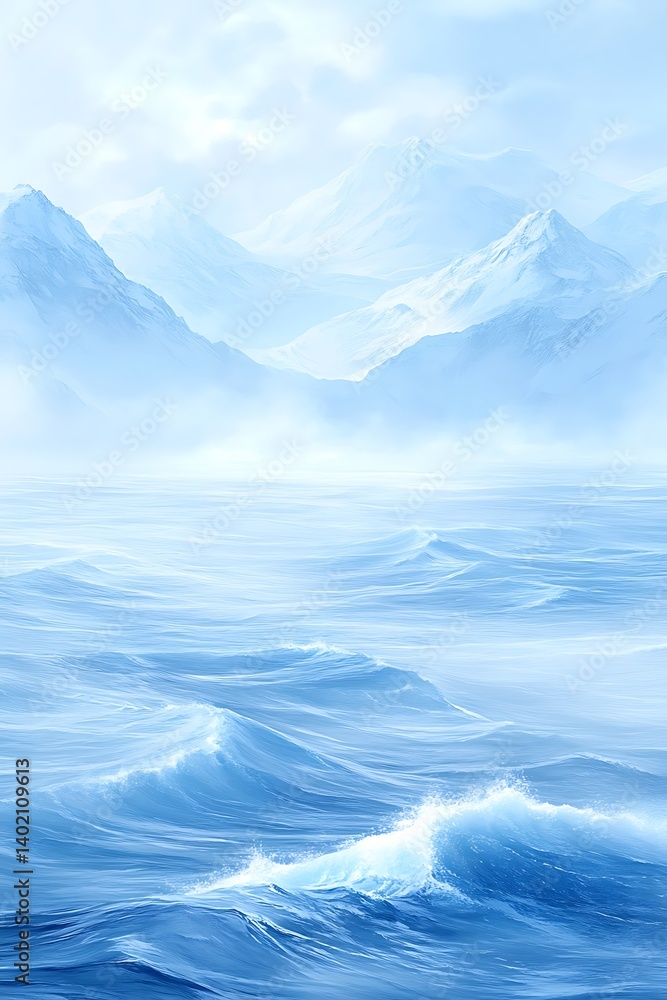 Serene seascape with rolling waves under snow-capped mountains backdrop Serene seascape with rolling waves under snow-capped mountains backdrop