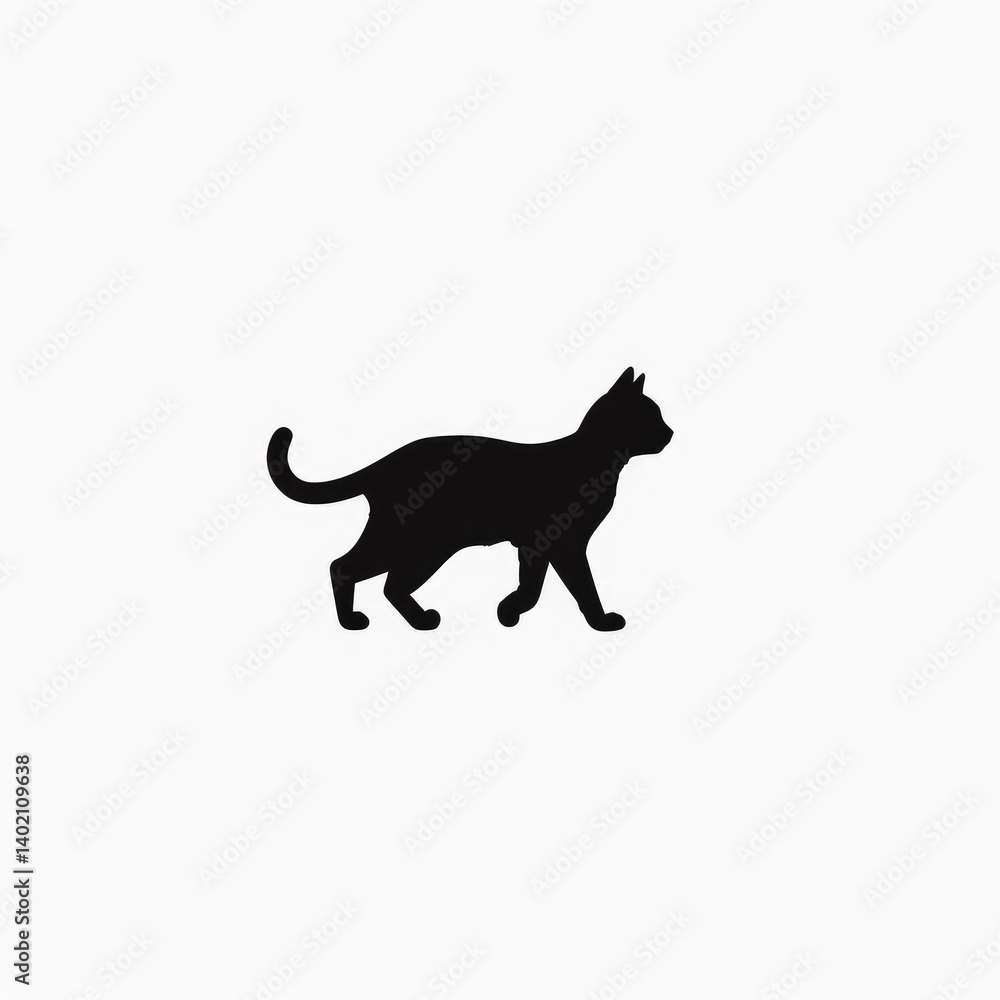 Simple silhouette of a walking cat. A black cat shape on a white background. Profile view, showcasing the cat's body and tail Simple silhouette of a walking cat. A black cat shape on a white background. Profile view, showcasing the cat's body and tail