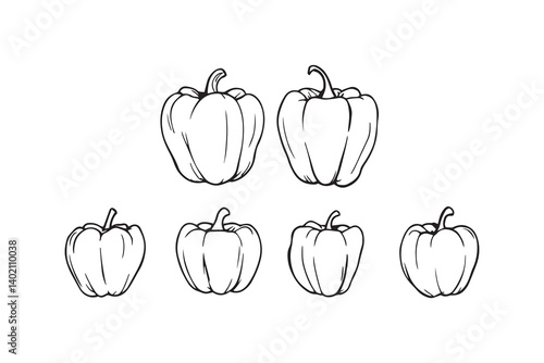 Set of 6 pec in two row  Bell Pepper line art on white background