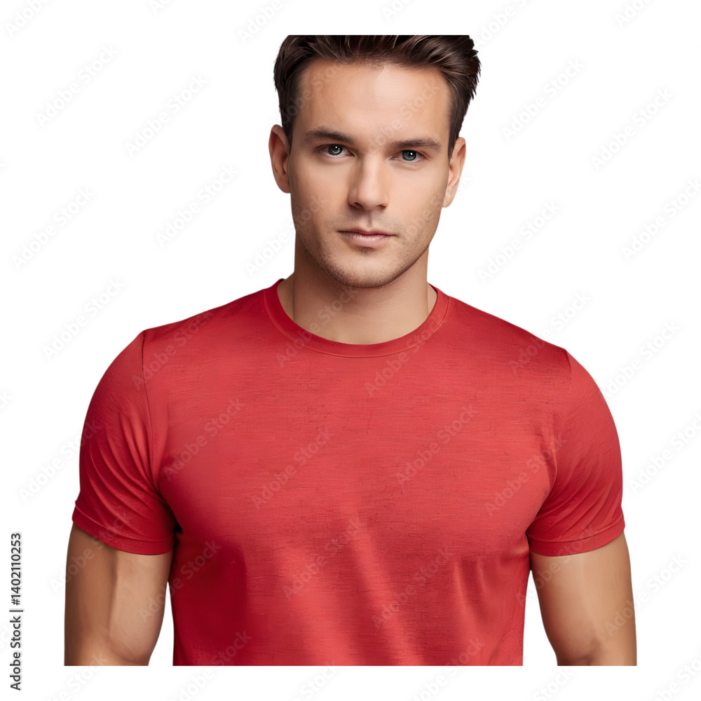 Man in bright red t-shirt facing camera with neutral expression Man in bright red t-shirt facing camera with neutral expression