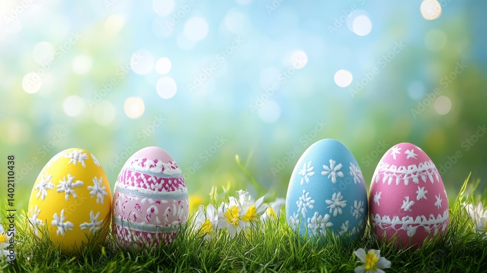 Three decorated easter eggs in grass with springtime bokeh. Three decorated easter eggs in grass with springtime bokeh.