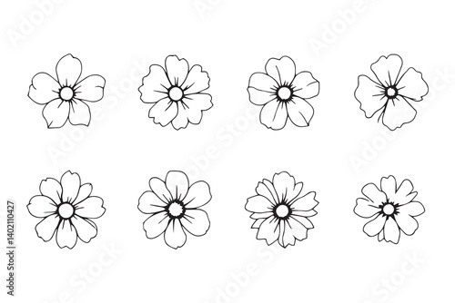 Set of 6 pec in two row  Bishop's Flower line art on white background