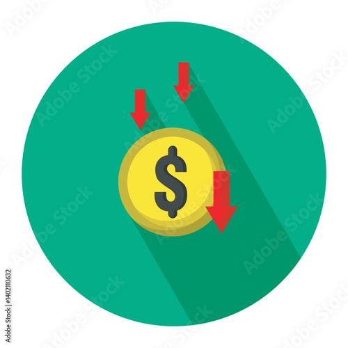 Coin money and red arrow icon vector design, crisis economy, money recession, and bankruptcy icon vector design illustration. 
