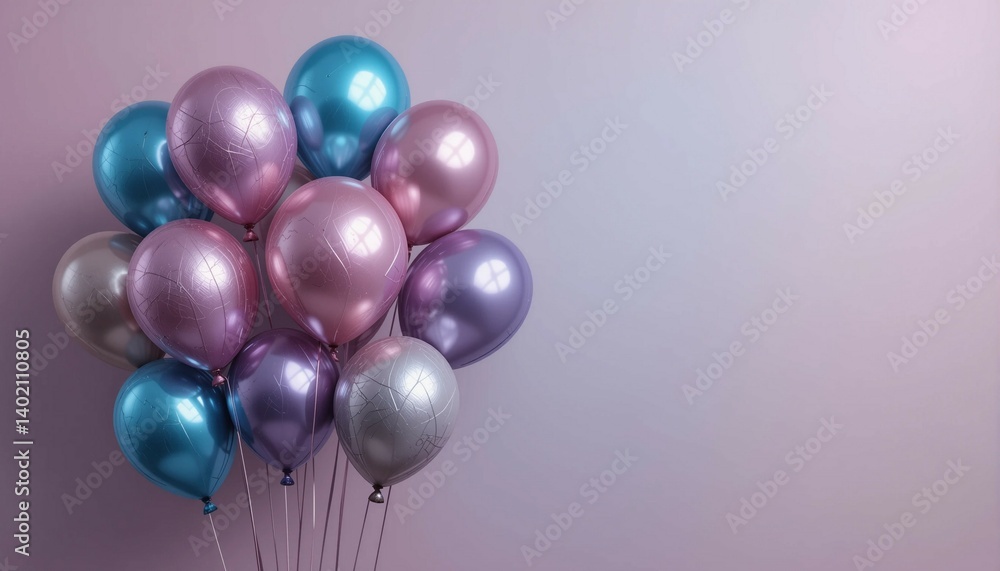 Cluster of shiny foil balloons with subtle gradient background and text space Cluster of shiny foil balloons with subtle gradient background and text space