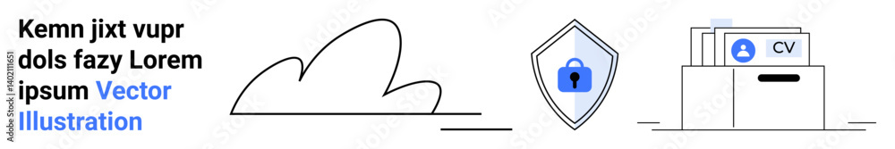 Cloud outline, security shield with lock, and digital CV in a file drawer. Ideal for data security, cloud services, digital storage, recruitment, privacy, network safety flat landing page banner Cloud outline, security shield with lock, and digital CV in a file drawer. Ideal for data security, cloud services, digital storage, recruitment, privacy, network safety flat landing page banner