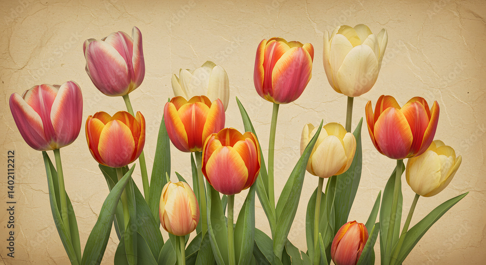 Obraz premium Vintage Tulip Garden Illustration with Aged Texture