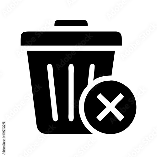 Delete Icon: A bold and simple vector illustration of a black trash can with a red "X" symbol, representing the concept of deletion, removal, or rejection. 