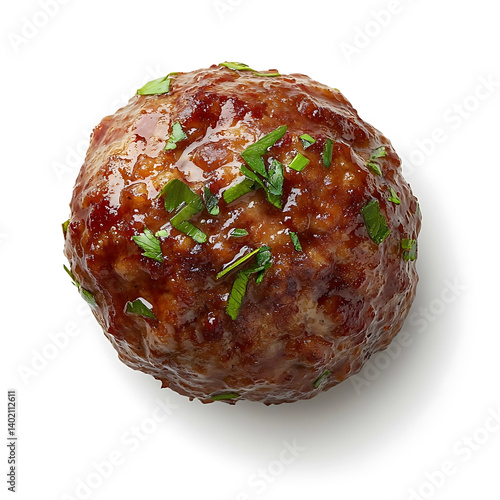 A classic American meatball with a browned exterior tender interior and rich beefy texture, isolated white background, hyperrealism art style