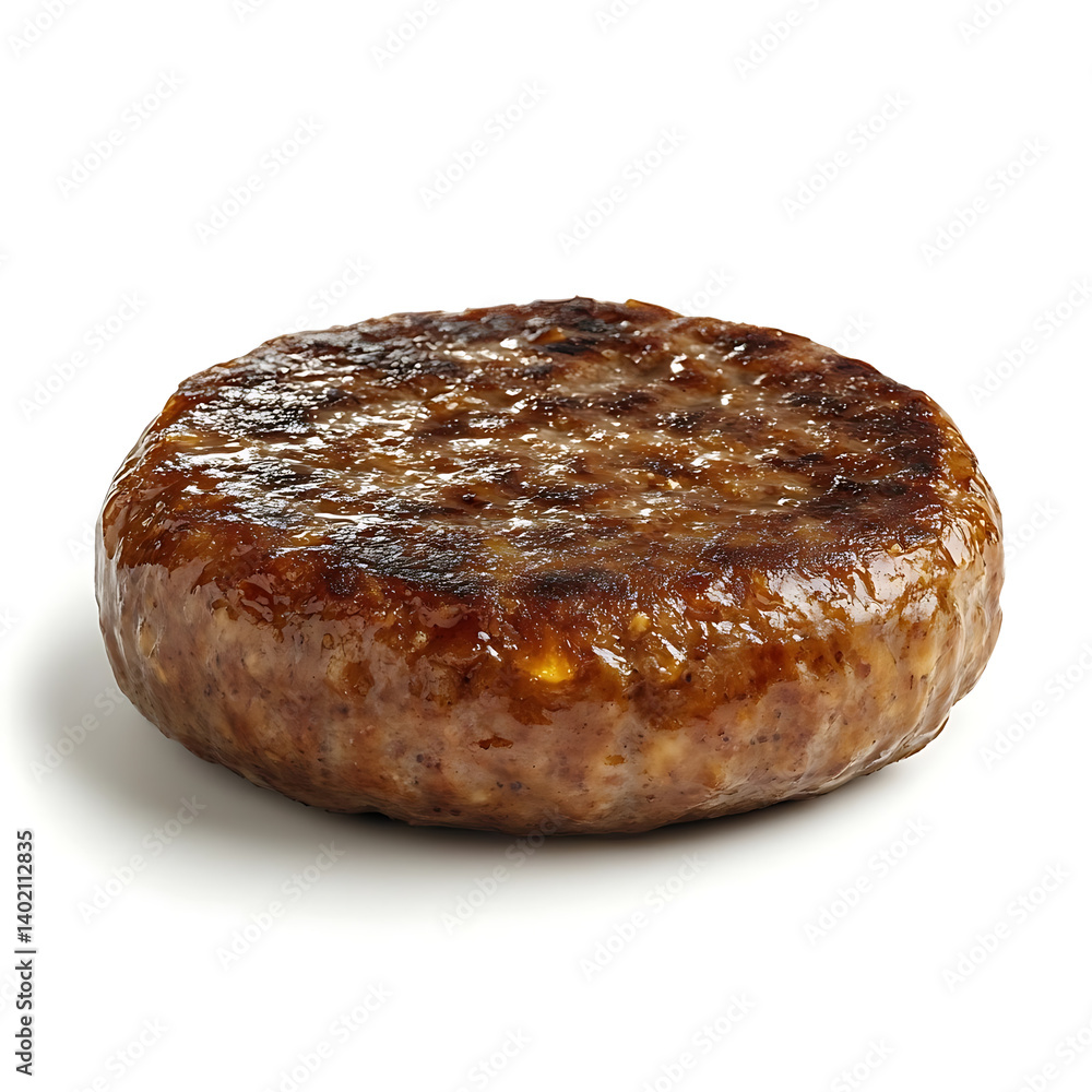 A classic American sausage patty with a golden seared crust firm texture and slightly caramelized edges, isolated white background, hyperrealism art style A classic American sausage patty with a golden seared crust firm texture and slightly caramelized edges, isolated white background, hyperrealism art style