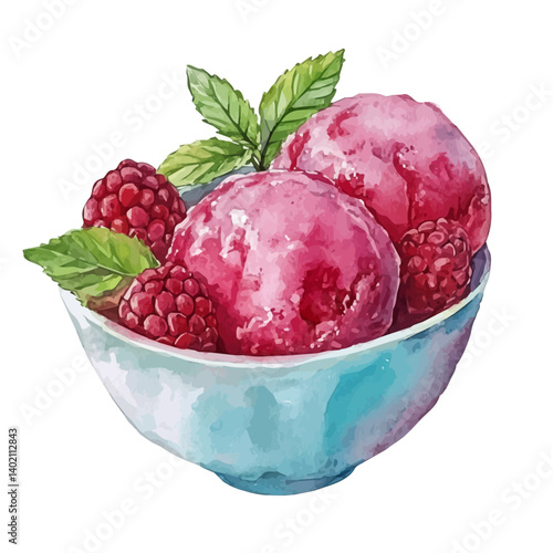 illustration of Raspberry Sorbet With Mint Garnish, watercolor vector, isolated on a white background.