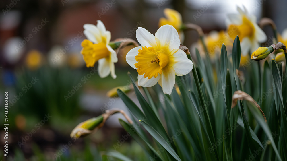 Close up of vibrant cheerful daffodils blooming with grace heralding the arrival of springtime Close up of vibrant cheerful daffodils blooming with grace heralding the arrival of springtime