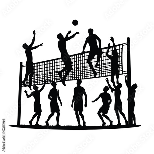 Vector Illustration of a Group of Girls and Boys Playing  VolleyBall, a Competitive and Fun Sports Activity