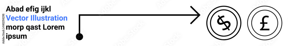 Black arrow connecting a starting dot to circular dollar and pound icons. Ideal for finance, currency exchange, international business, banking, trade, economics, abstract line flat metaphor Black arrow connecting a starting dot to circular dollar and pound icons. Ideal for finance, currency exchange, international business, banking, trade, economics, abstract line flat metaphor