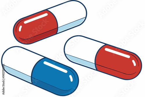 64 Glossy pill capsules, red and blue, large scale, high contrast, reflective surface, pharmaceutical illustration, clean background, minimalist design, product photography, 3D rendering, Matrix refer