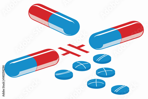 64 Glossy pill capsules, red and blue, large scale, high contrast, reflective surface, pharmaceutical illustration, clean background, minimalist design, product photography, 3D rendering, Matrix refer