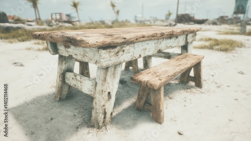 Rustic Wooden Table and Bench on Tropical Beach  Summer Relaxation Scene