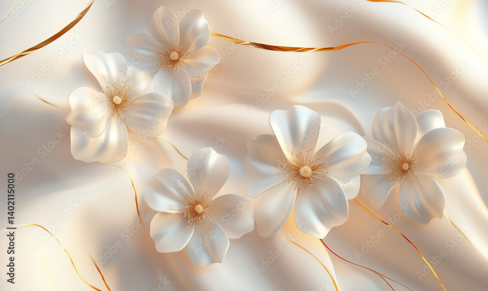 Naklejka premium White and Golden Flowers, Elegant Floral Flowers, Elegance, Calmness, Beauty, Nature, Flower Background