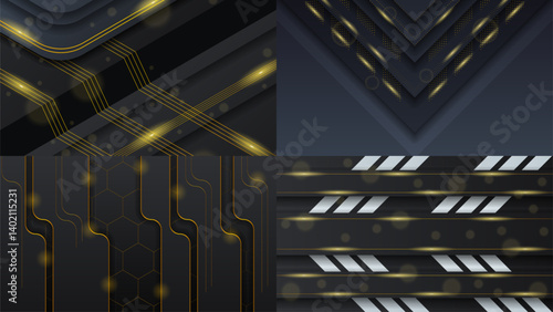 Set Abstract Collection Dark Black Gold Material Modern Background With Golden Lines Stripes Shadows Backdrop Wallpaper Decoration Vector Design Style