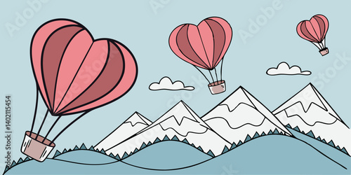 Concept of love and Valentine's Day Origami is made of air balloons in the shape of many beautiful hearts float in the sky above the snow covered mountains. Arts, Crafts & Paper
