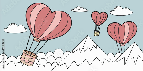 Concept of love and Valentine's Day Origami is made of air balloons in the shape of many beautiful hearts float in the sky above the snow covered mountains. Arts, Crafts & Paper
