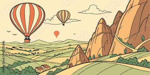 Cappadocia, Turkey. Colorful vector illustration of view of Cappadocia landscape. Turkish travel destination. Banner, card, poster design. Hot air balloons. National park with fairy rock chimneys.
