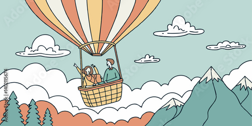 \Hot air balloon flight. Banner with people soaring and flying in basket in sky among clouds and mountains. Tourists travel on aerial ballon and observe natural landscapes. Flat vector illustration
