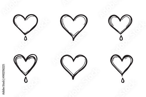 Set of 6 pec in two row  Bleeding Heart_ black line art on white background
