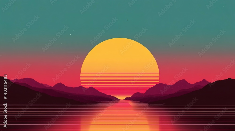 Fototapeta premium A vibrant retro sunset over a stylized landscape.
