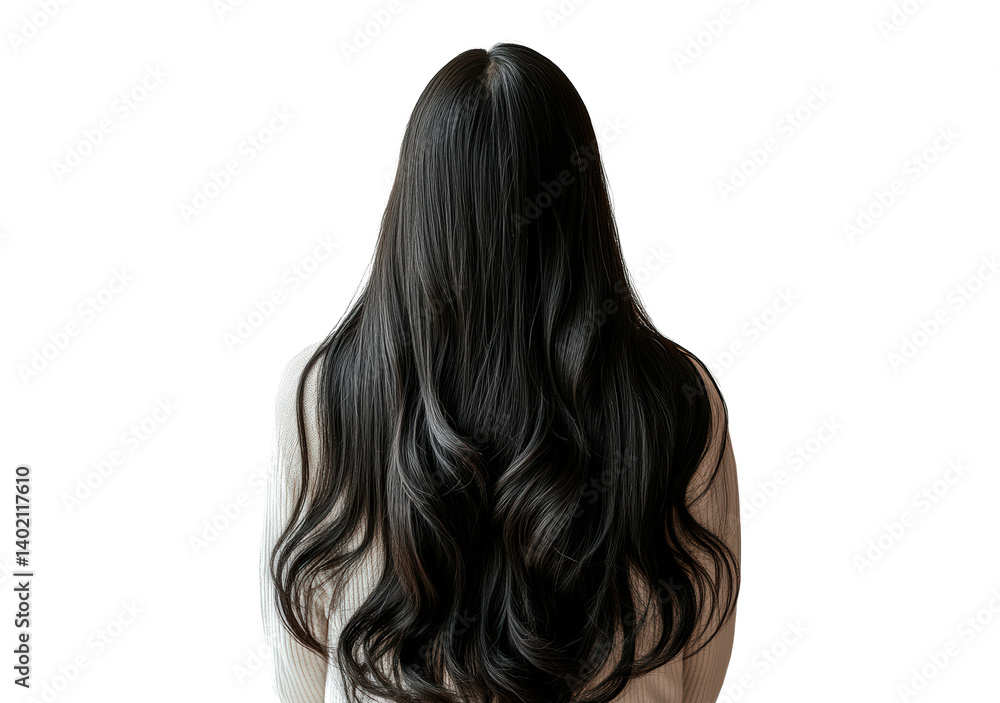 Naklejka premium Back view of a womans head with long, black hair isolated on transparent background