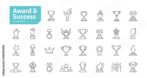 Award and Success Line Icons Set. Achievement, Sport, Trophy, Medal, Champion, Winner, Leadership, Competition Icons. Editable Stroke Vector Illustration.